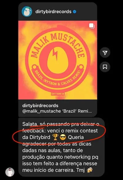 Aluno conta que venceu o remix contest da gravadora Dirtybird e credita as dicas de produção e networking das aulas.