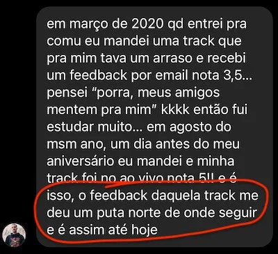 Aluno relembra a primeira nota 3,5 em 2020 e conta que, meses depois, a mesma track tocou ao vivo com nota 5.
